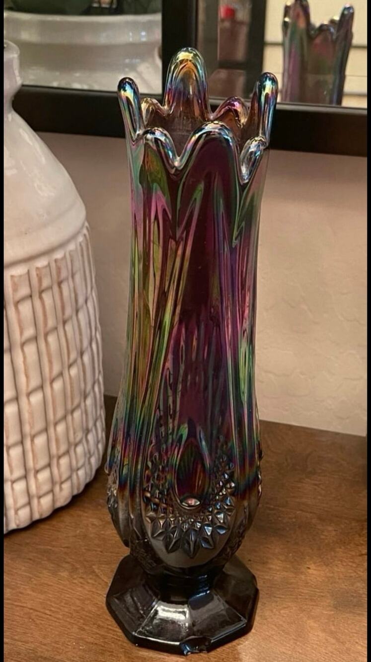 Vintage indiana carnival glass amethyst swung vase